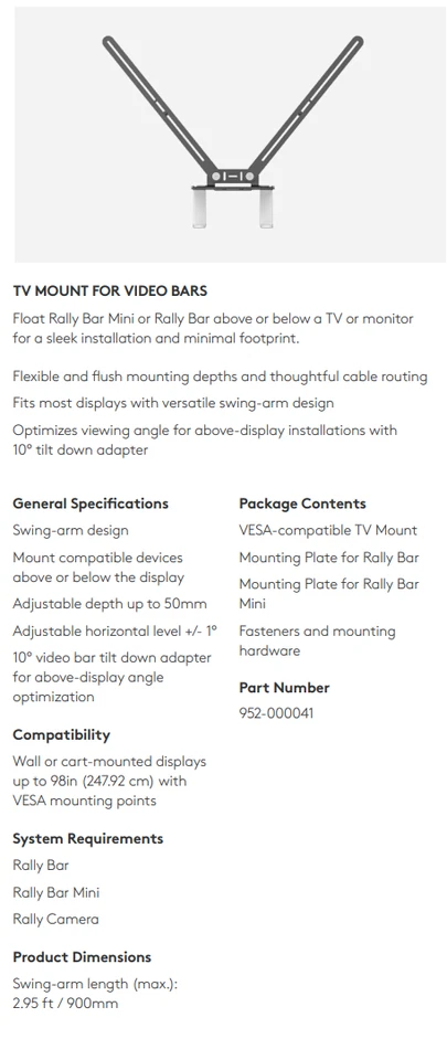 Logitech TV Mount for Video Bars - Rally Bar, Rally Bar Mini, or Rally Camera - Image 2 of 2