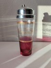 Cocktail Shaker Red W Gold Stripe Glass MCM Deco Chrome Cap — photo 2