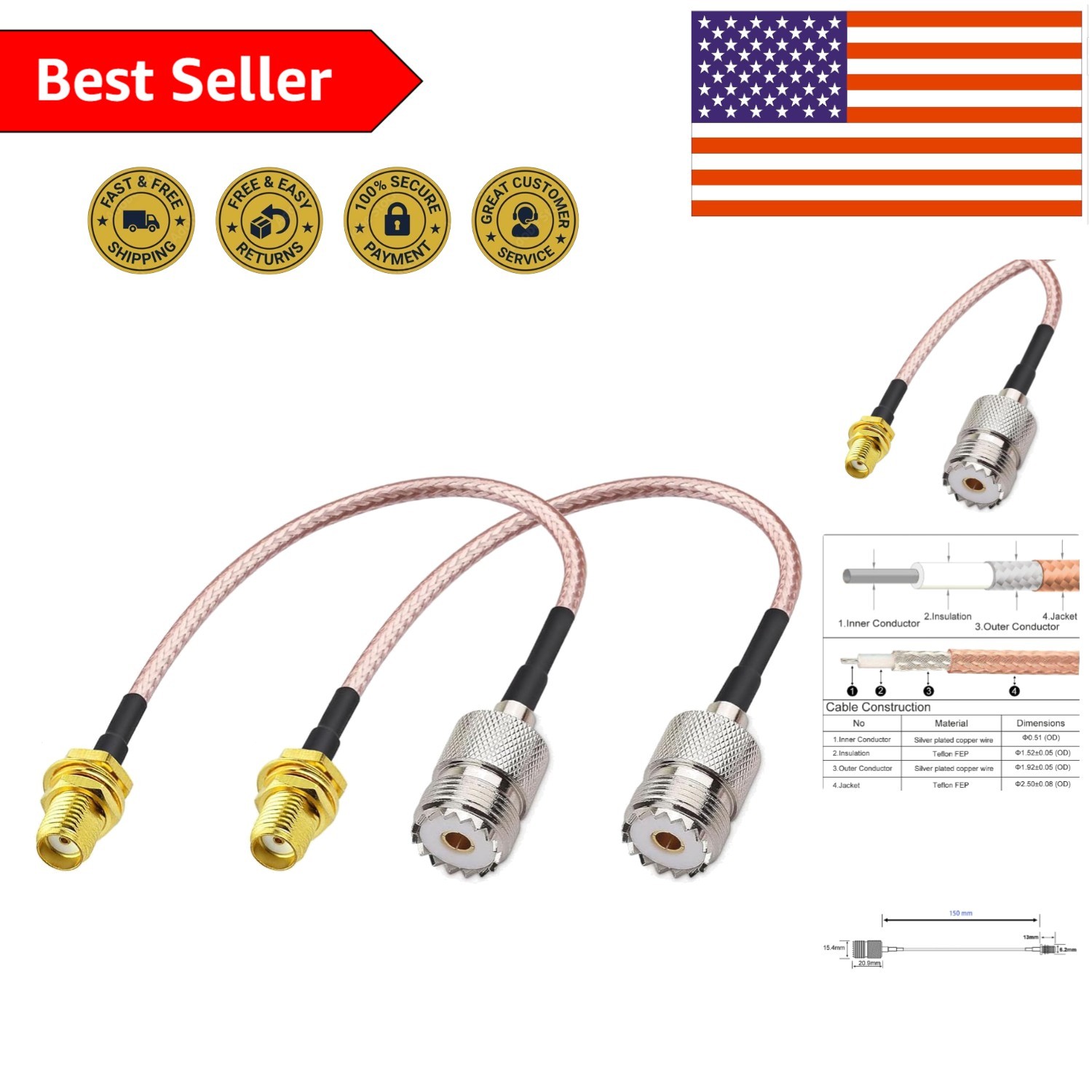 Lightweight 6'' Antenna Cable for Wouxun/Baofeng - Brass SMA-UHF Connectors