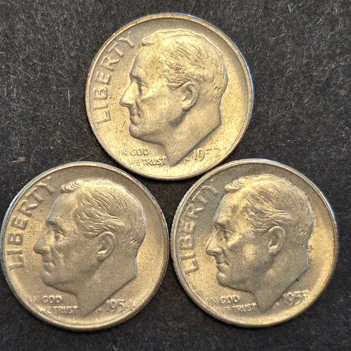 Lot of 3 different Roosevelt silver dimes.1952s 1953s 1954s unc
