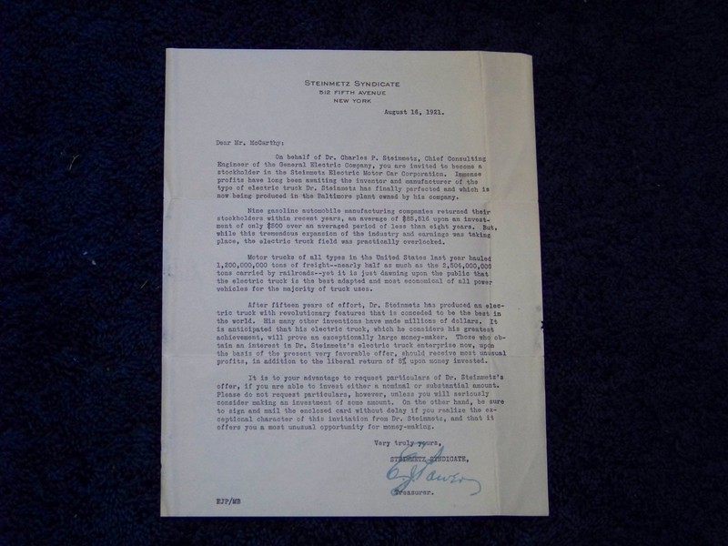 CHARLES STEINMETZ AUG 1921 LETTER OFFERING STOCK IN STEINMETZ ELECTRIC MOTOR CAR