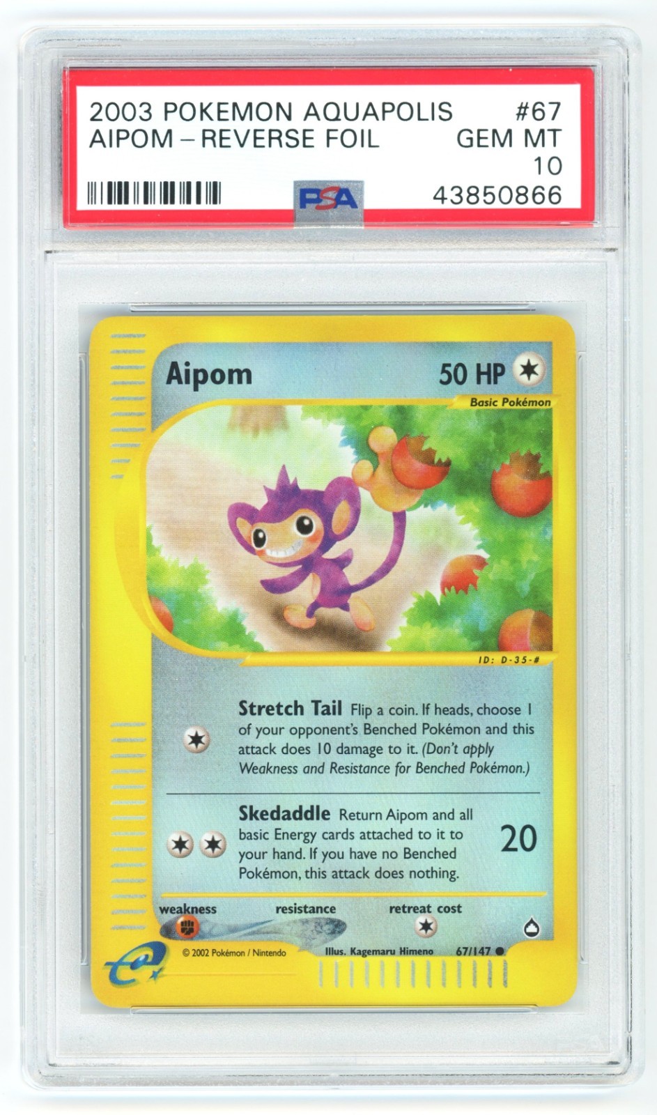PSA 10 Aipom Reverse Holo 67/147 Aquapolis Pokemon 2003 - POP 6