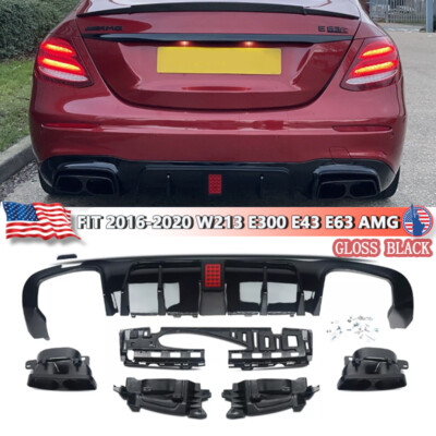 For Benz W213 E300 E43 E63 2016-2020 F1 Style Rear Diffuser W/LED+Exhaust Tips