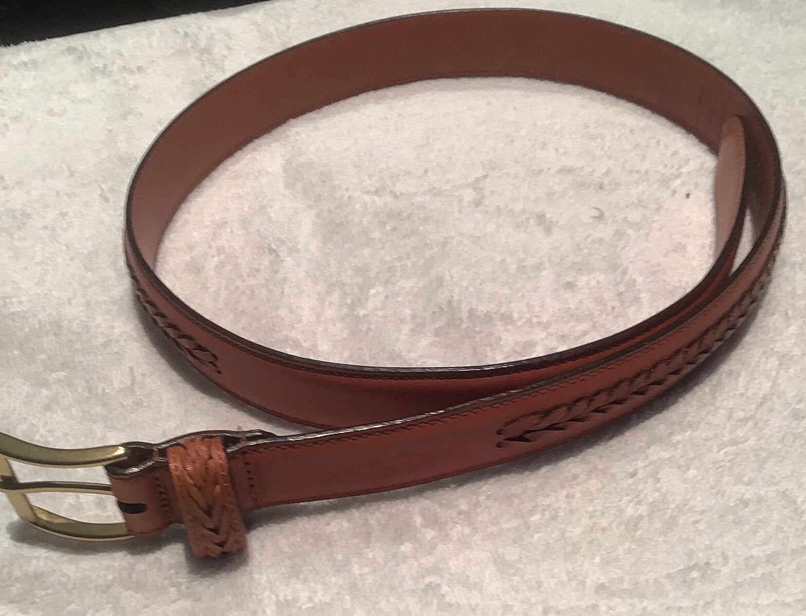 COACH Handmade Tan Leather Belt with Brass Buckle & Raised Braid Design - 34 Inch  -image