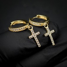 Men's Gold Plated Sterling Silver Iced Cross Dangle Drop Huggie Hoop Earrings