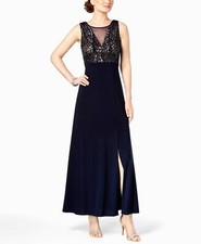 199 Nightway Women'S Blue Sequined Long Mesh Gown A-Line Dress Size 4