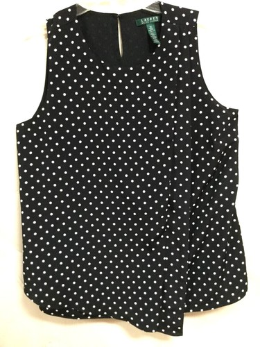 Lauren Ralph Lauren Womens Size 10 Blouse Top Black Ivory Dots Sleeveless MINT - 第 1/10 張圖片