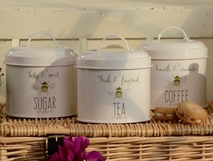 Bee Happy Cream Tea Coffee Sugar Storage Tins Set