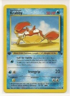 rare krabby card Pokemon Krabby 51/62 1st Edition Fossil near mint condition card
