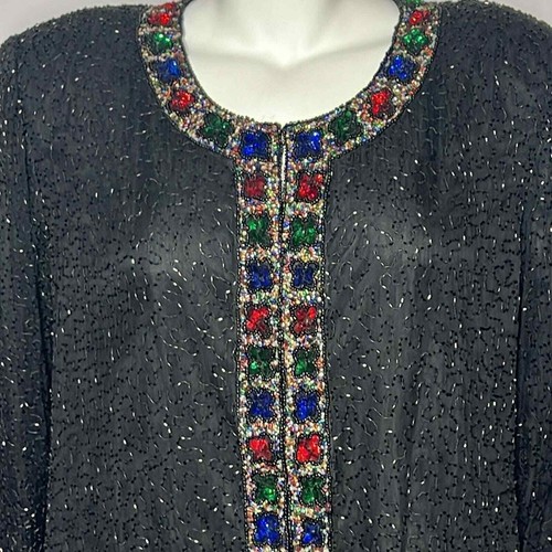 Vintage Laurence Kazar Poinsettia Sequin Silk Evening Jacket. - Picture 4 of 6