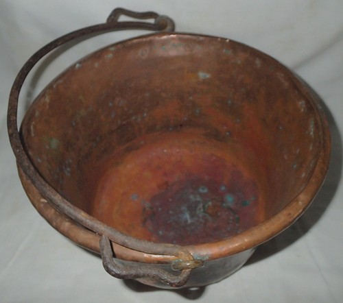 ANTIQUE COUNTRY FARM COPPER PAIL PLANTER BUCKET POT KETTLE FORGED IRON HANDLE US - Picture 2 of 14
