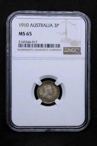 1910 3 Pence, Australia Silver Coin. King Edward Vii. BU NGC MS65 KM-18