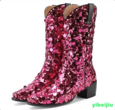 Women's Sequins Dance Ankle Short Boots Mid Calf Comfort Shoes Stage Large Size