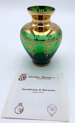 Vintage Vecchia Murano Glass Factory Green and Gold Plated Vase