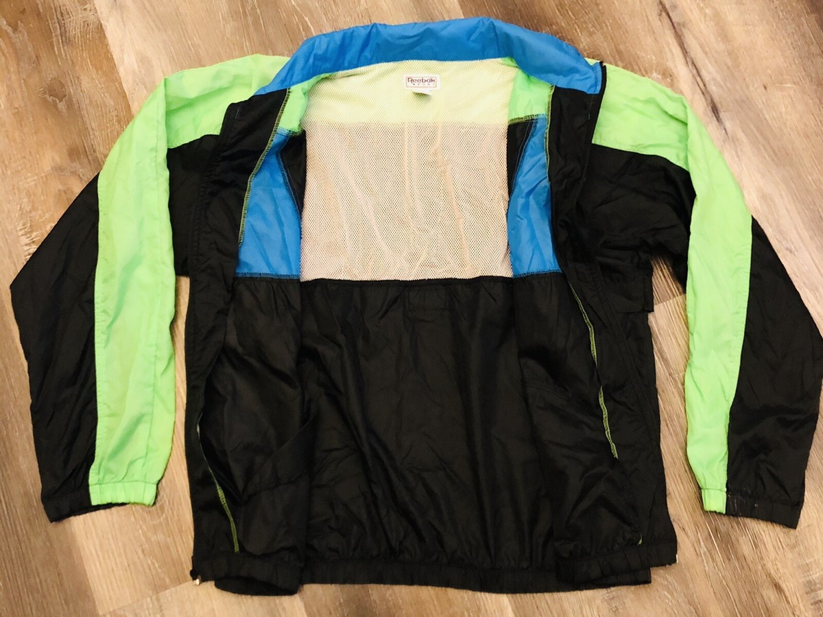 Reebok Mens LARGE Windbreaker Retro Track Jacket Blue Black Green