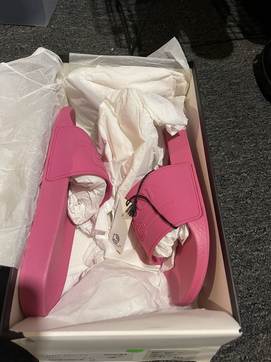 Gucci Auth Men G9 Pink Rubber Logo Slipper Slides Sandals Flat