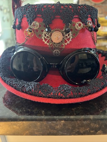 RED Steampunk Burning Man Women Top Hat with Goggles and Lace Party Head Gear - Picture 2 of 5