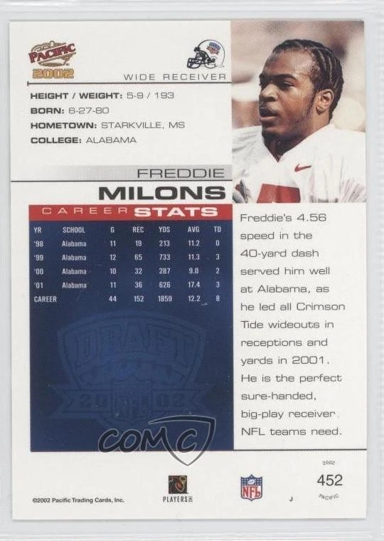 2002 Pacific Extreme LTD Missing Serial Number Freddie Milons #452 Rookie RC - Image 2 of 2