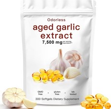 Odorless Garlic 7500mg Per Servings, 300 Softgels  2 Years Aged Garlic Extra...