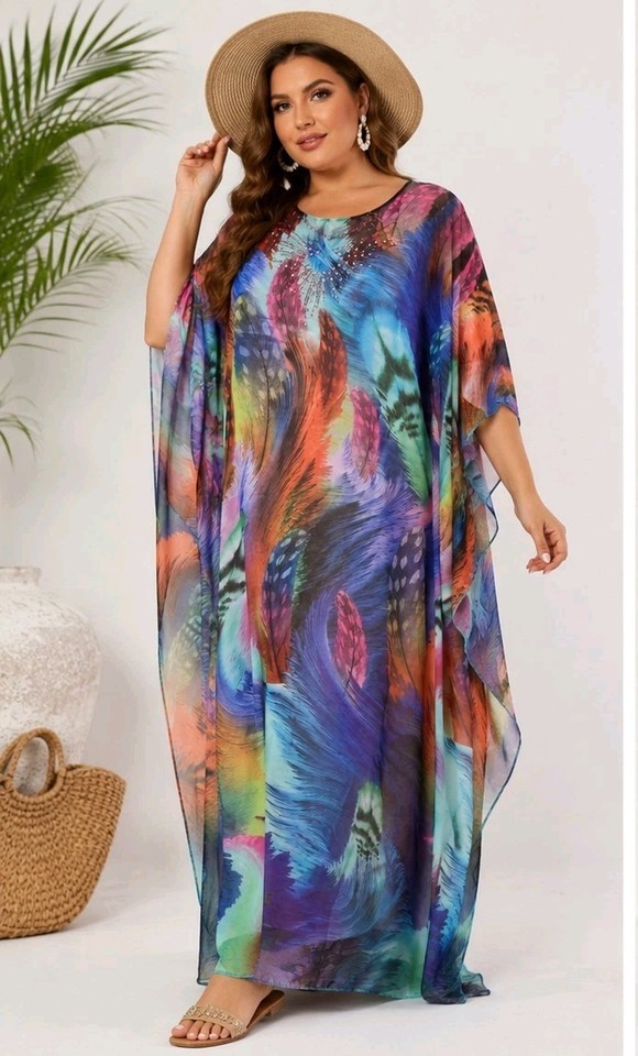 AL BOSHEYA Kaftan Dress XXL 16 18 Multicolour Beaded Maxi Resort Beach Cover #D5