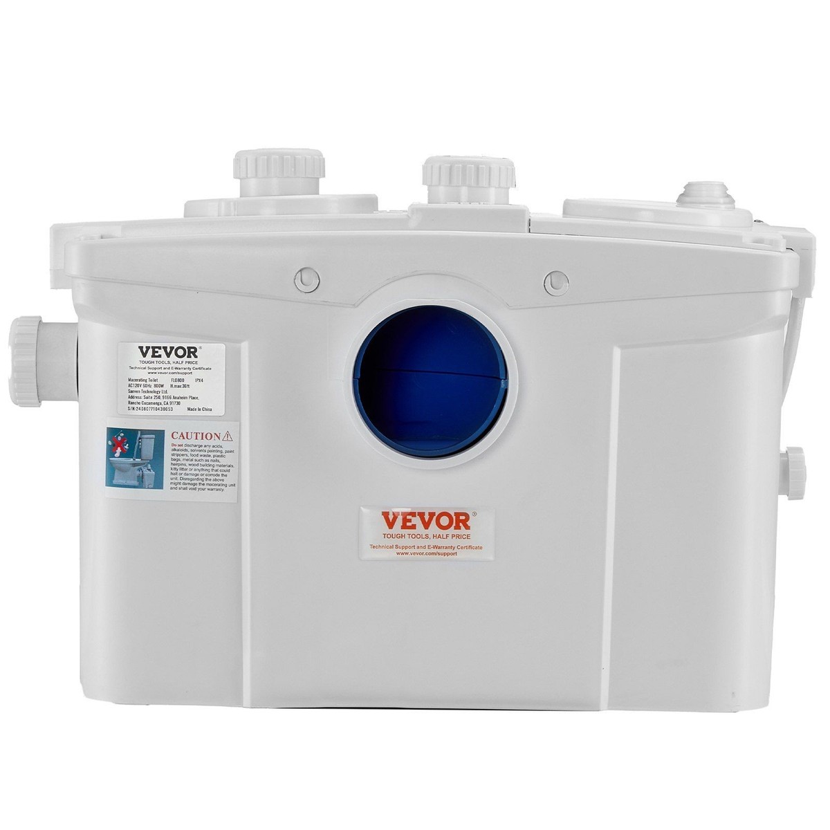 800W Macerating Toilet System, Rear Discharge, 36ft Lift, 4-Inlet