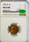 1931 D Lincoln Cent NGC MS65 RB CAC