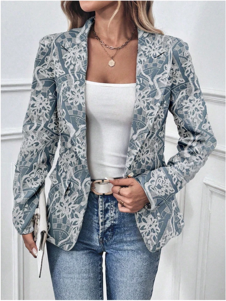 Blazer ajustado con cuello de solapa y patrón informal de cercanías de EMERY ROSE para mujer Foto 3 de 4