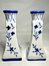 Two Pillar Candlestick Holders 5" Cobalt Blue Delft Floral Porcelain Ceramic