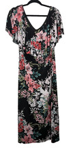 Connected Apparel Pink & Black Floral Faux-Wrap Midi Dress Ruffle Sleeve Size 12