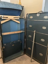 Antique Wheary Cushioned Top Vertical-Standing Wardrobe Steamer Trunk VTG Blue