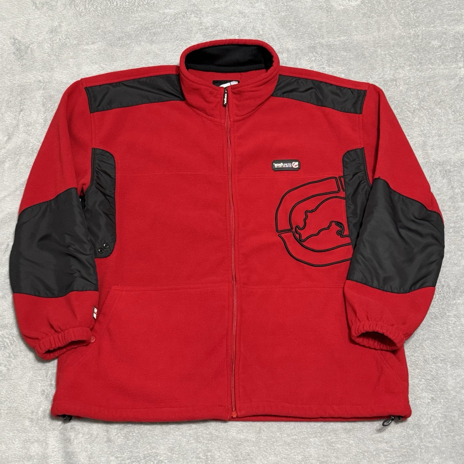 Ecko Unltd Y2K Red Black Fleece Jacket Mens 3XL Full Zip Hip Hop Streetwear Warm