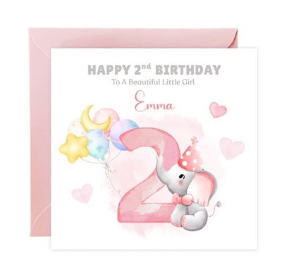 Glückwunschkarte 2. Geburtstag für Mädchen, Zwei Jahre Geburtstagskarte süß Elefant Design