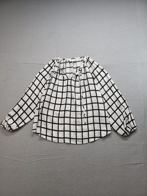 Jaclyn Smith Women Blouse Top S Black & White Grid Long Sleeve Tie Neck Casual