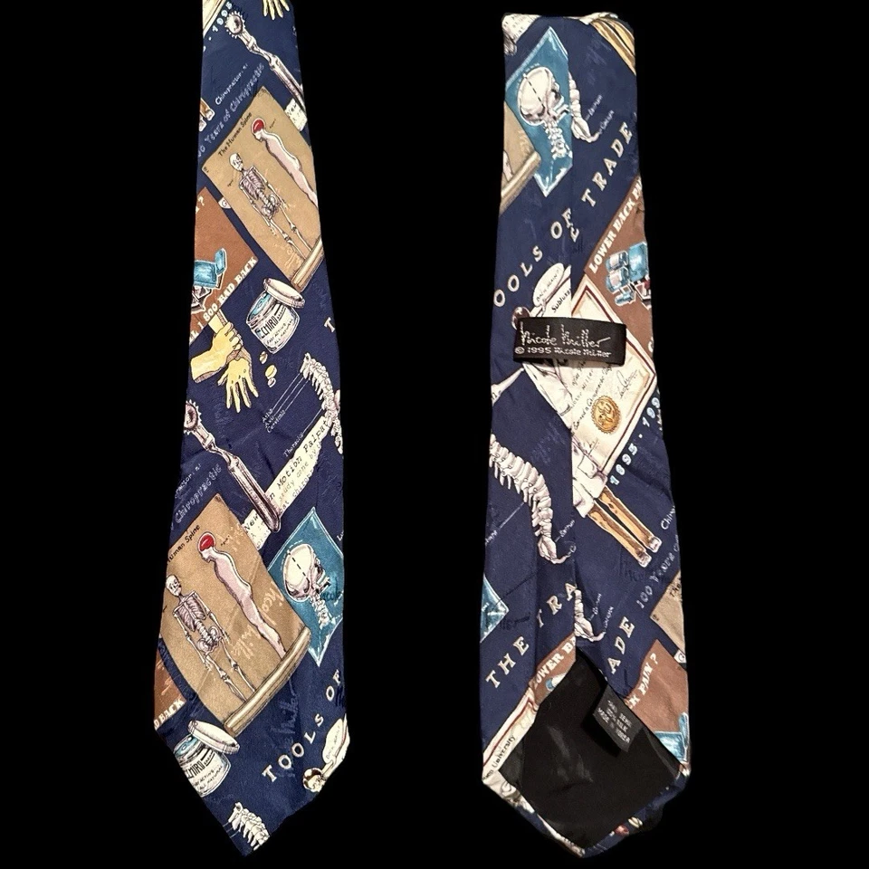 Corbata Nicole Miller Para Hombre Azul Marino 100% Seda Anatomía Quiropráctico De Colección Foto 2 de 2