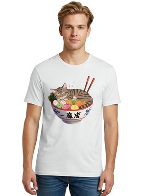 Cat-Sleeping-In-Ramen Mens Graphic Tee, 100% Cotton, Casual Summer Wear