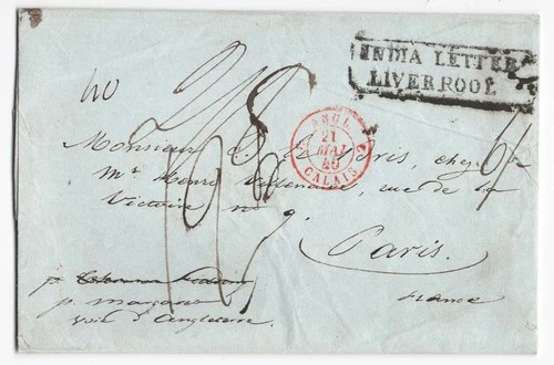 GB 1839 EL to Paris, fine boxed India Letter/Liverpool, various charge markings