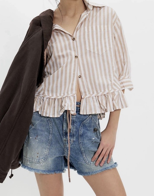 NWT We The Free Bailey Stripe Beige Striped Ruffle Oversized Boho Crop Shirt S
