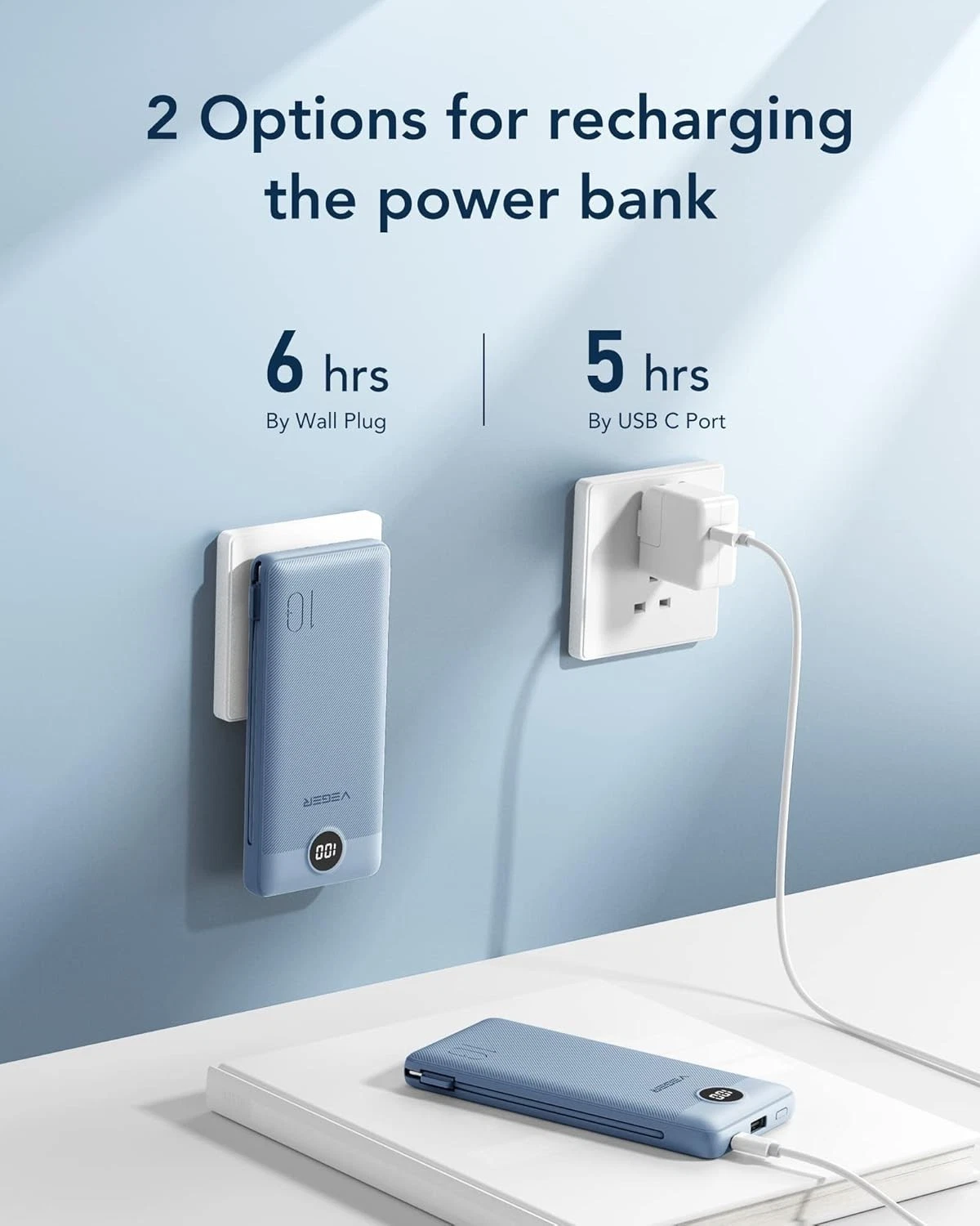 Portable Charger Built-in Cables and AC Wall Plug, USB C Power Bank 10000mAh - product detail image 5