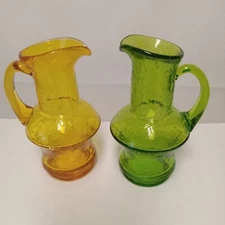 Lot Of 2 Blown Crackle Glass Pitcher Vase Jug Yellow AndGreen With Handle 5"
