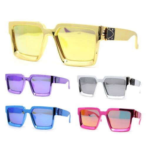 Showy Metallic Plastic Colorful Mirror Lens Rectangle Mob Horn Rim Sunglasses - Picture 1 of 21