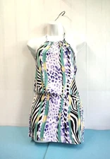 Bon Mere Mini Dress Wht Purple Green Halter Neck Elastic Waist Sleeveless Size S