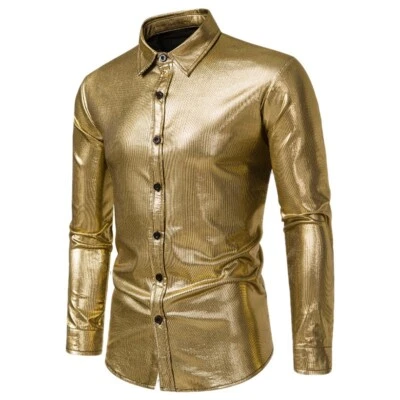 Herren Shirt Glänzend Langärmlig Knöpfe Slim Party Club Disco Retro 70s Kostüm - Bild 1 von 4