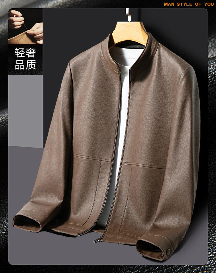 Abrigo corto con cremallera cuello alto para hombre Chaqueta Primavera Invierno Prendas exteriores Cuero Moda Foto 3 de 4