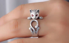 CUTE! Kitty Animal Cat Ring Adjustable Sz 4 to 9 Wrap Around Ring Kitten 