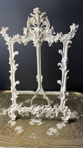 Antique H620 Cast Iron Baroque Art Easel Tabletop Picture Mirror Frame White 15" - Picture 13 of 17