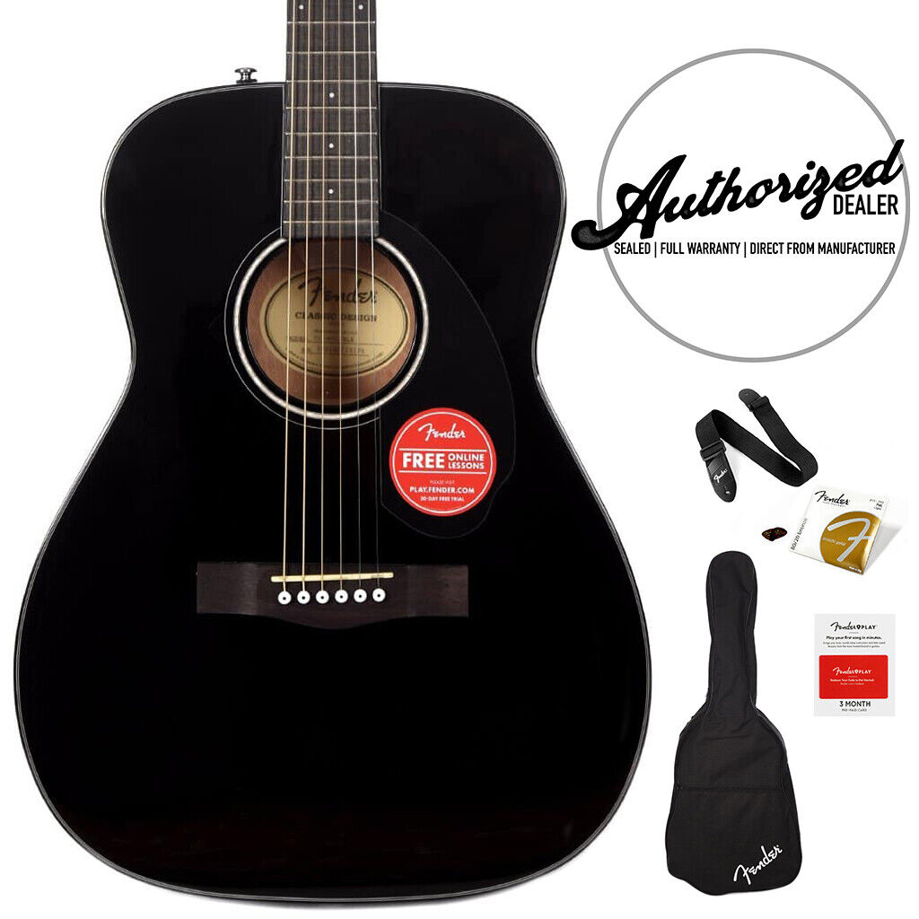 Fender CC-60S V2 Concert Acoustic Guitar Starter Pack w/ Gig Bag & Strap | Black