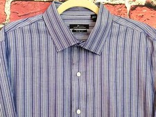 Marc Anthony Slim Fit Button Down Cotton Blue Striped Dress Shirt Mens 17 1/2