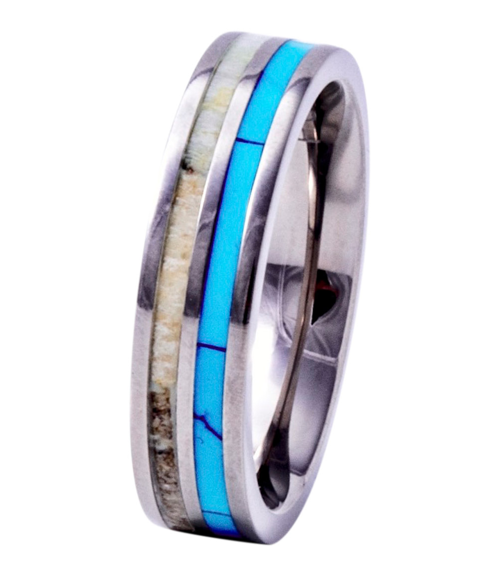 Deer Antler & Turquoise Inlay Wedding Band – Titanium, 8mm Comfort Fit, Unisex, PCH Jewelers
