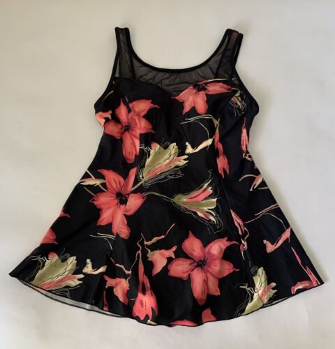 Shore Shapes Swim Dress Women 12 Black Pink Flora… - image 1