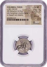 281-240 BC Calabria Taras AR Didrachm NGC Ancients Choice XF 4/5 3/5 Brushed